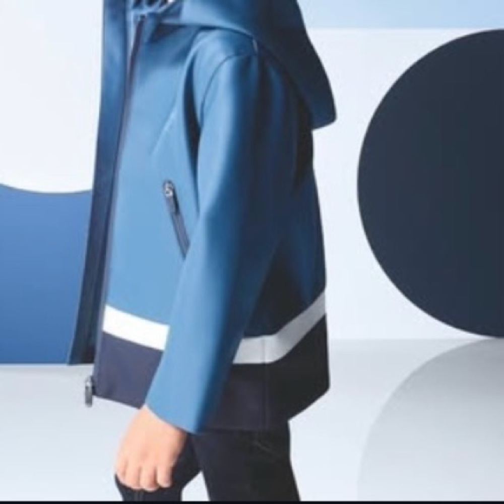 Kids Blue Hooded Rain Jacket with Reflective Trim